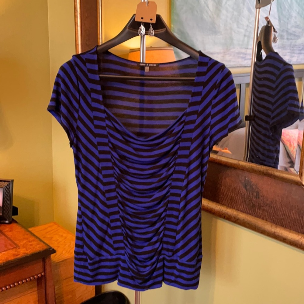 Very flattering! Draped black & blue striped top